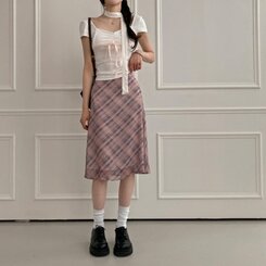 ミディ/ロングスカート リボンチェックシフォンマーメイドミディスカート INDIE PINK