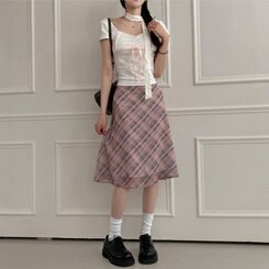 ミディ/ロングスカート リボンチェックシフォンマーメイドミディスカート INDIE PINK