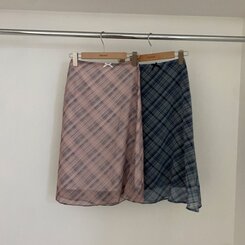 ミディ/ロングスカート リボンチェックシフォンマーメイドミディスカート