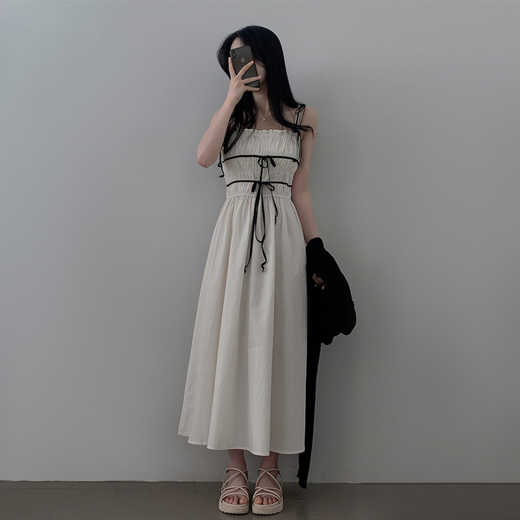 リボンシャーリングスモークロングビスチェワンピース WHITE