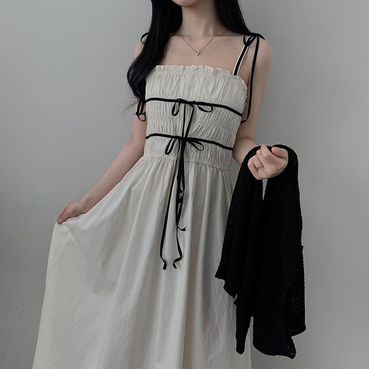 リボンシャーリングスモークロングビスチェワンピース WHITE
