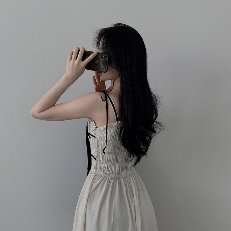 リボンシャーリングスモークロングビスチェワンピース WHITE