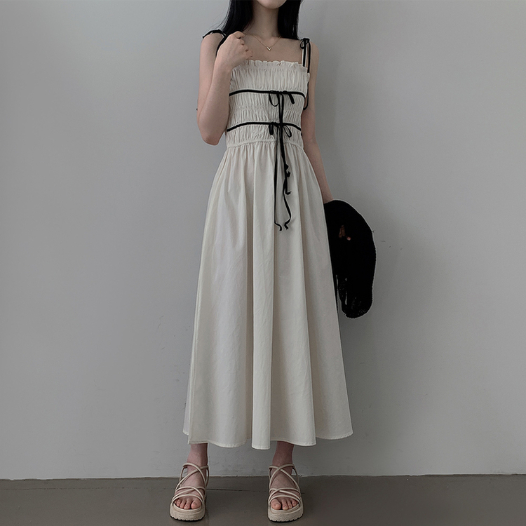 リボンシャーリングスモークロングビスチェワンピース WHITE