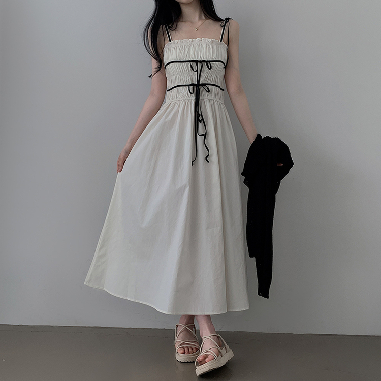 リボンシャーリングスモークロングビスチェワンピース WHITE