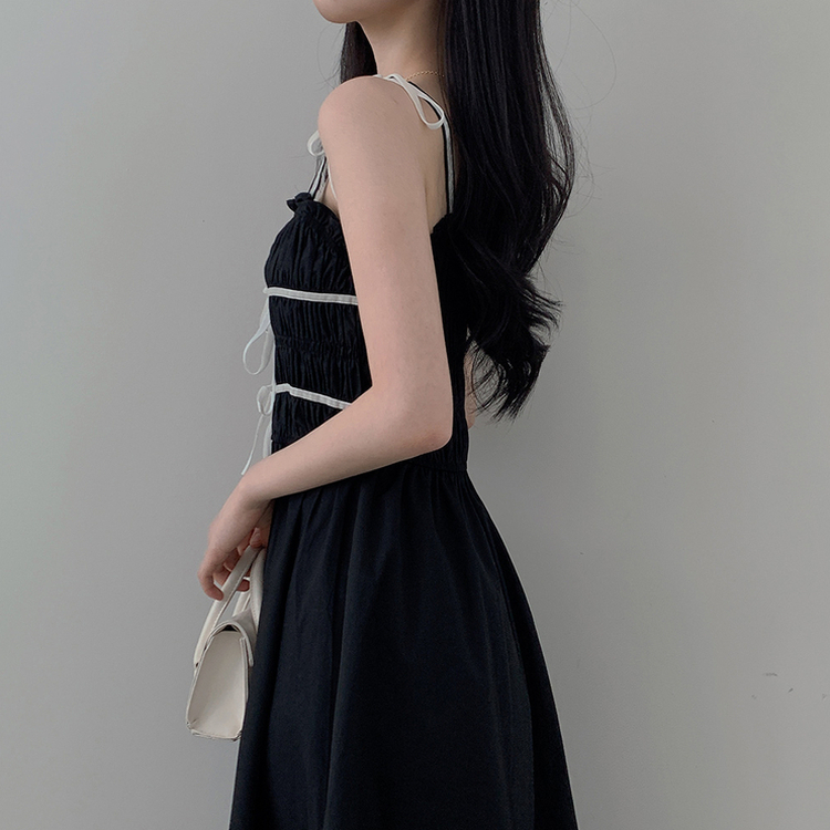 リボンシャーリングスモークロングビスチェワンピース BLACK