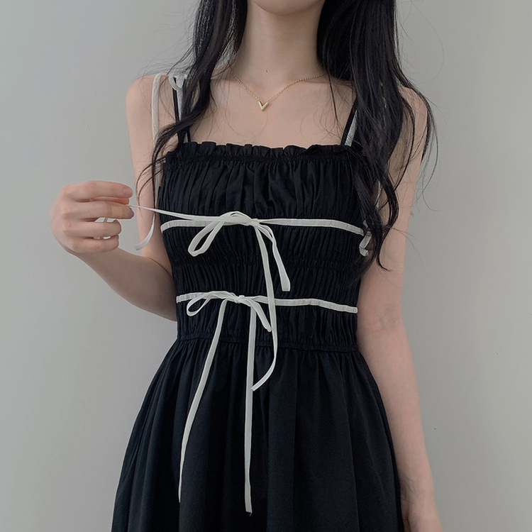 リボンシャーリングスモークロングビスチェワンピース BLACK