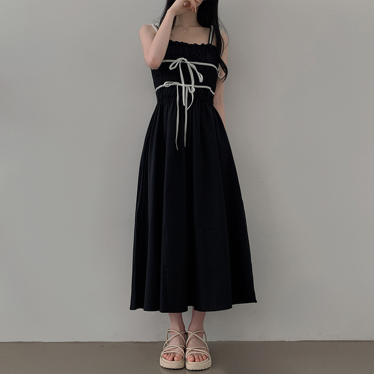 リボンシャーリングスモークロングビスチェワンピース BLACK