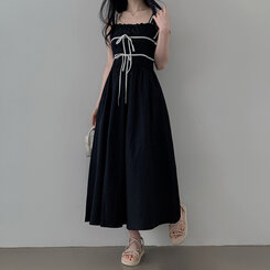ロングワンピース リボンシャーリングスモークロングビスチェワンピース BLACK