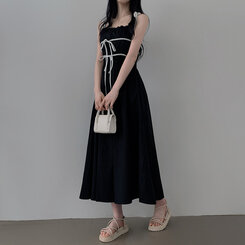 ロングワンピース リボンシャーリングスモークロングビスチェワンピース BLACK