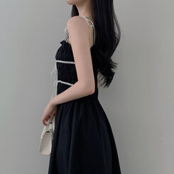 ロングワンピース リボンシャーリングスモークロングビスチェワンピース BLACK