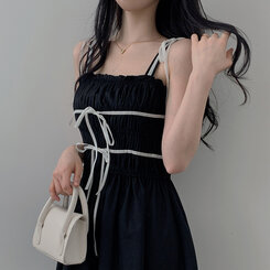 ロングワンピース リボンシャーリングスモークロングビスチェワンピース BLACK