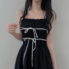 ロングワンピース リボンシャーリングスモークロングビスチェワンピース BLACK
