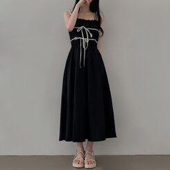 ロングワンピース リボンシャーリングスモークロングビスチェワンピース BLACK