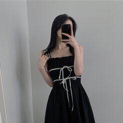 ロングワンピース リボンシャーリングスモークロングビスチェワンピース BLACK