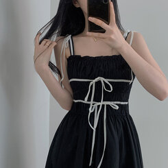 ロングワンピース リボンシャーリングスモークロングビスチェワンピース BLACK