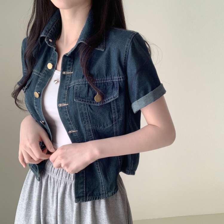라이킷 투포켓 크롭 반팔 데님 셔츠 남방 청자켓 진청