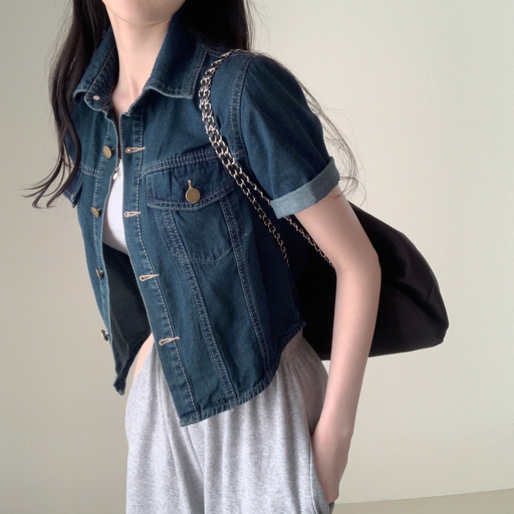 라이킷 투포켓 크롭 반팔 데님 셔츠 남방 청자켓 진청