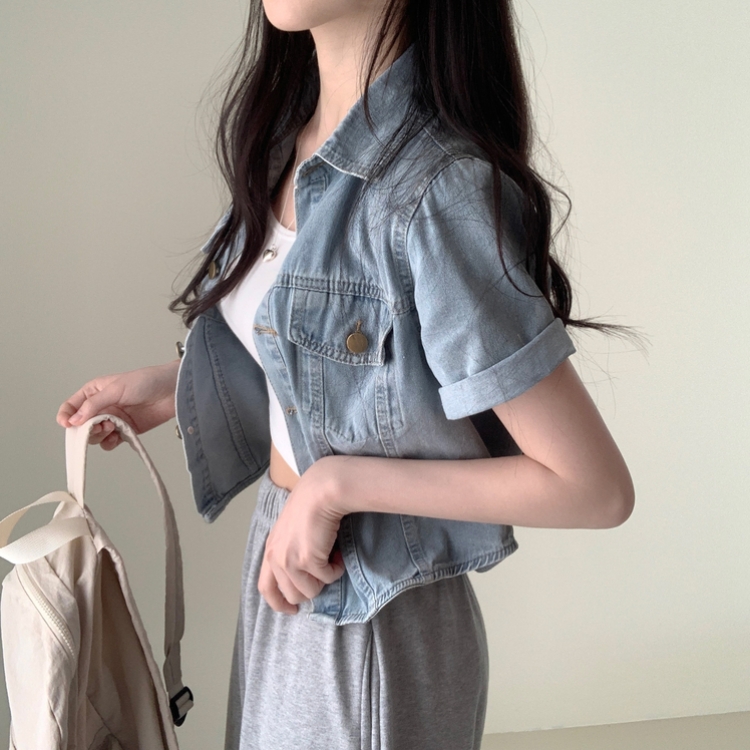 라이킷 투포켓 크롭 반팔 데님 셔츠 남방 청자켓 연청