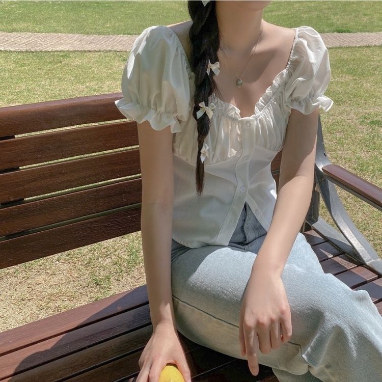 ブラウス パフシャーリングクロップフリルネック半袖ブラウス WHITE