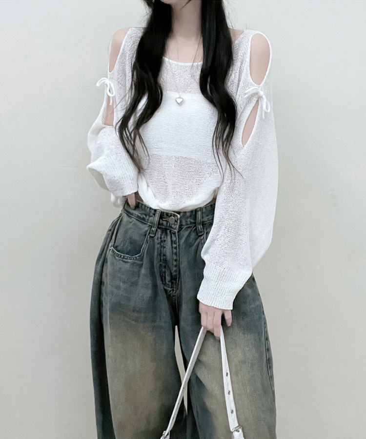 달링숄더트임리본부클시스루크롭니트 아이보리
