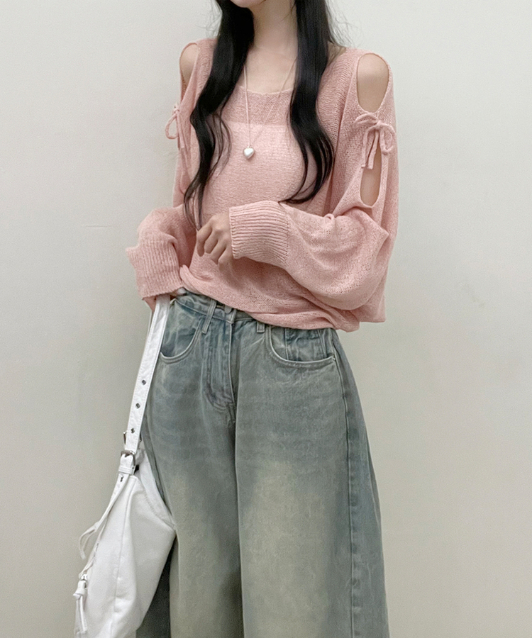 달링숄더트임리본부클시스루크롭니트 핑크
