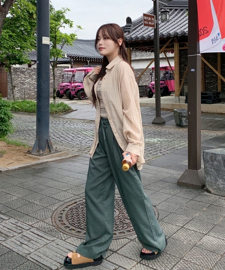 サマーバンディングピンタックワイドパンツ5色 DEEP GREEN