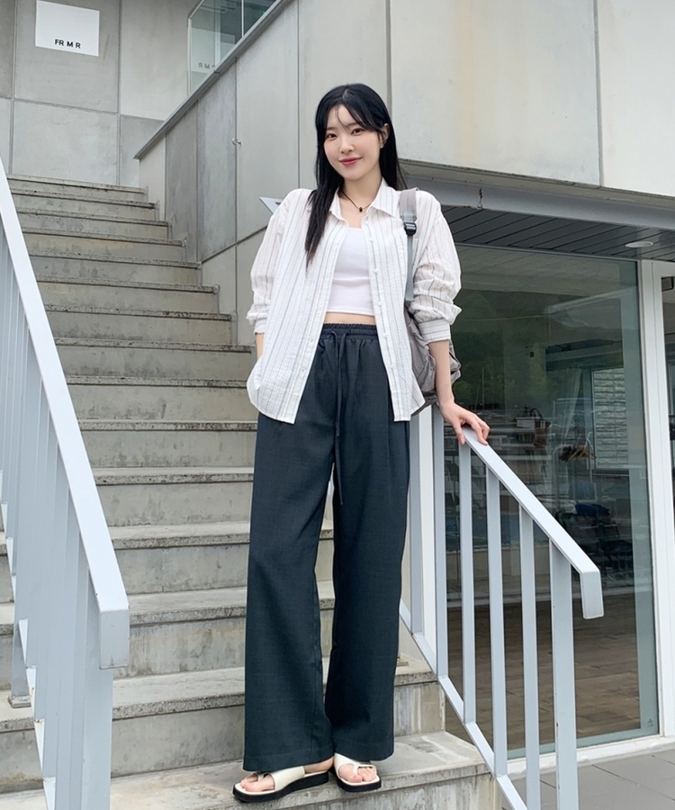 サマーバンディングピンタックワイドパンツ5色 Charcoal Navy