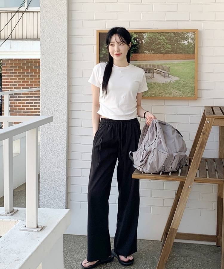 サマーバンディングピンタックワイドパンツ5色 BLACK