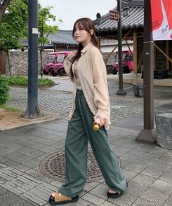 スラックス サマーバンディングピンタックワイドパンツ5色 DEEP GREEN