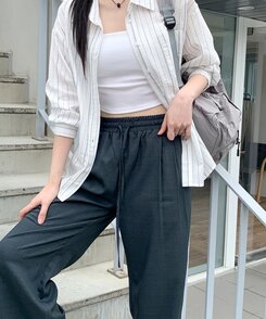 スラックス サマーバンディングピンタックワイドパンツ5色 Charcoal Navy