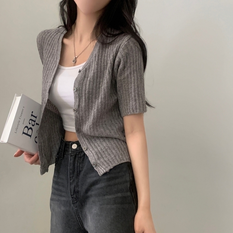 나잇 부클 린넨 세미크롭 반팔 니트가디건 9color 그레이