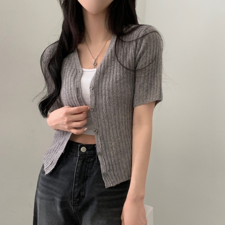 나잇 부클 린넨 세미크롭 반팔 니트가디건 9color 그레이