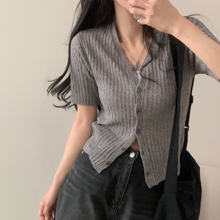 나잇 부클 린넨 세미크롭 반팔 니트가디건 9color 그레이