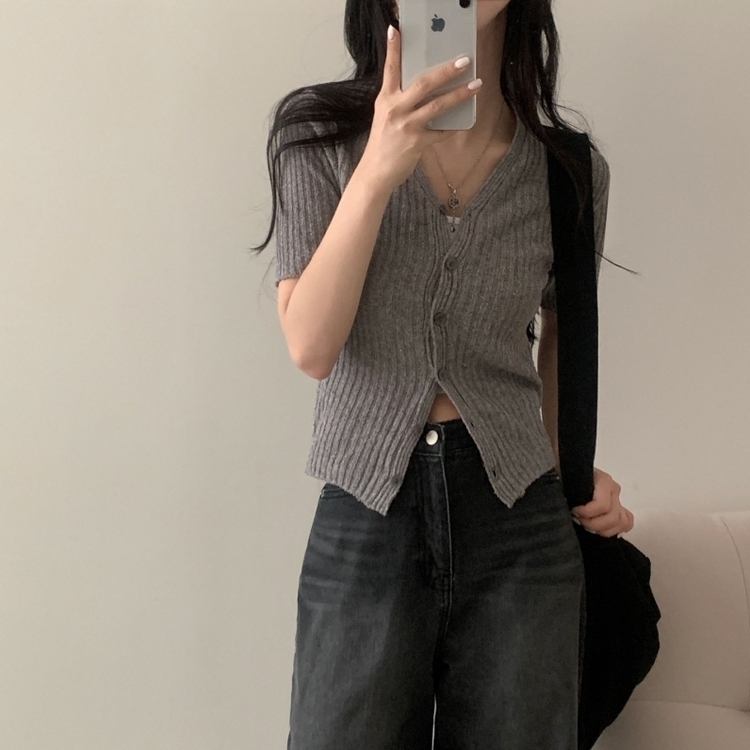 나잇 부클 린넨 세미크롭 반팔 니트가디건 9color 그레이