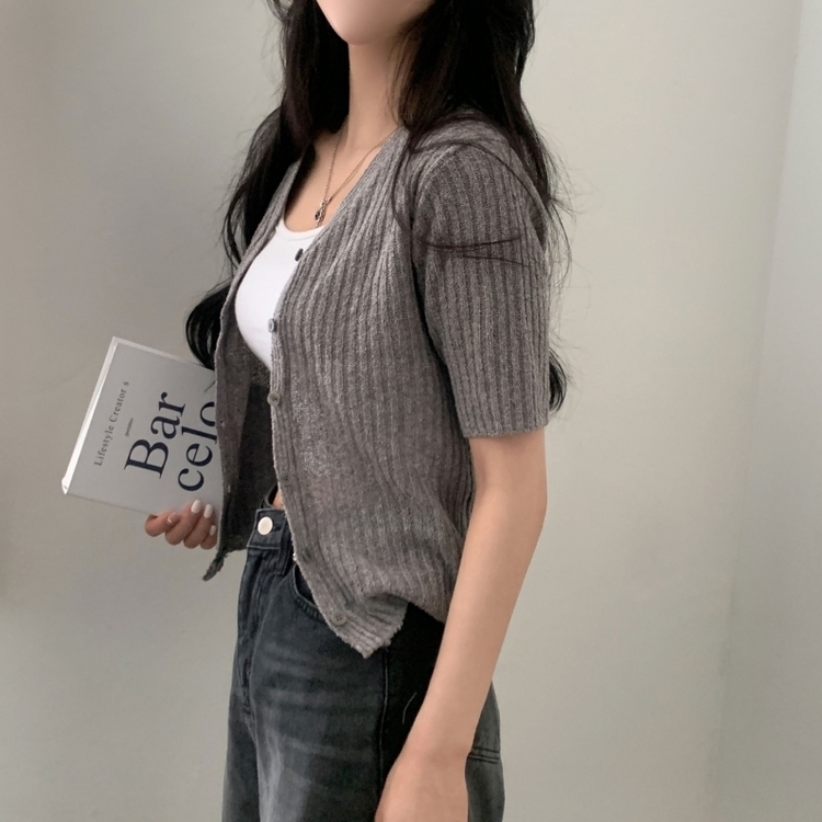 나잇 부클 린넨 세미크롭 반팔 니트가디건 9color 그레이