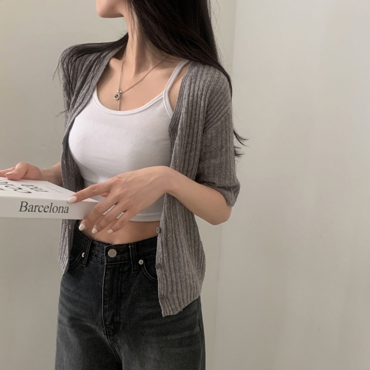 나잇 부클 린넨 세미크롭 반팔 니트가디건 9color 그레이