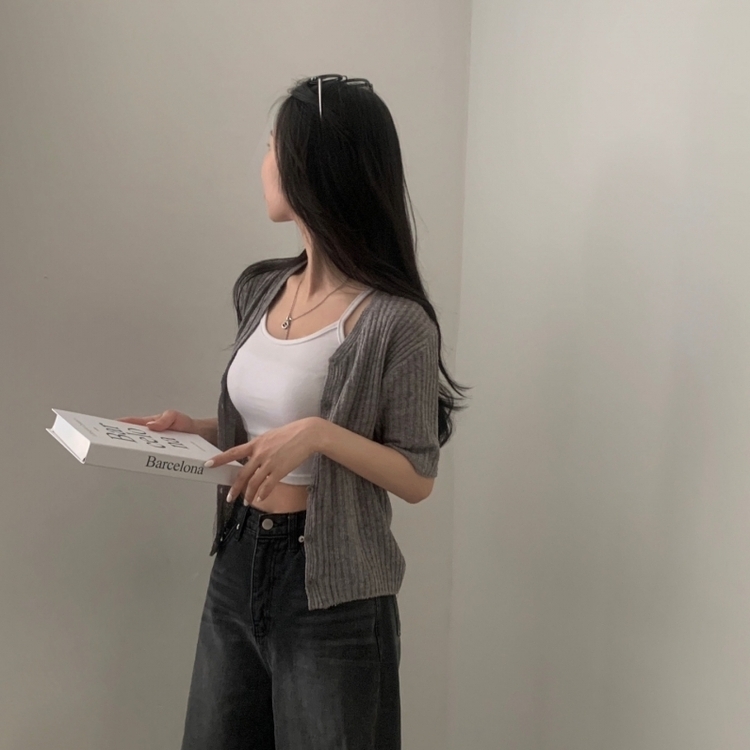 나잇 부클 린넨 세미크롭 반팔 니트가디건 9color 그레이