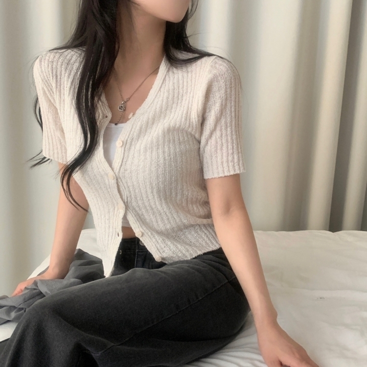 나잇 부클 린넨 세미크롭 반팔 니트가디건 9color 아이보리