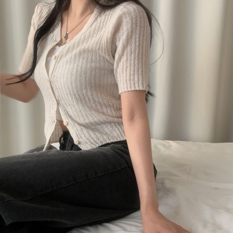 나잇 부클 린넨 세미크롭 반팔 니트가디건 9color 아이보리