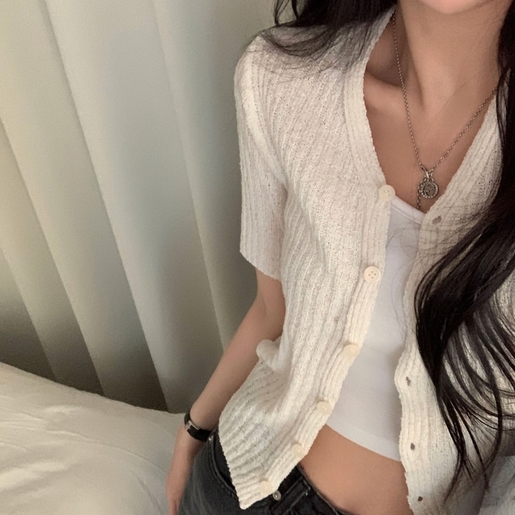 나잇 부클 린넨 세미크롭 반팔 니트가디건 9color 아이보리