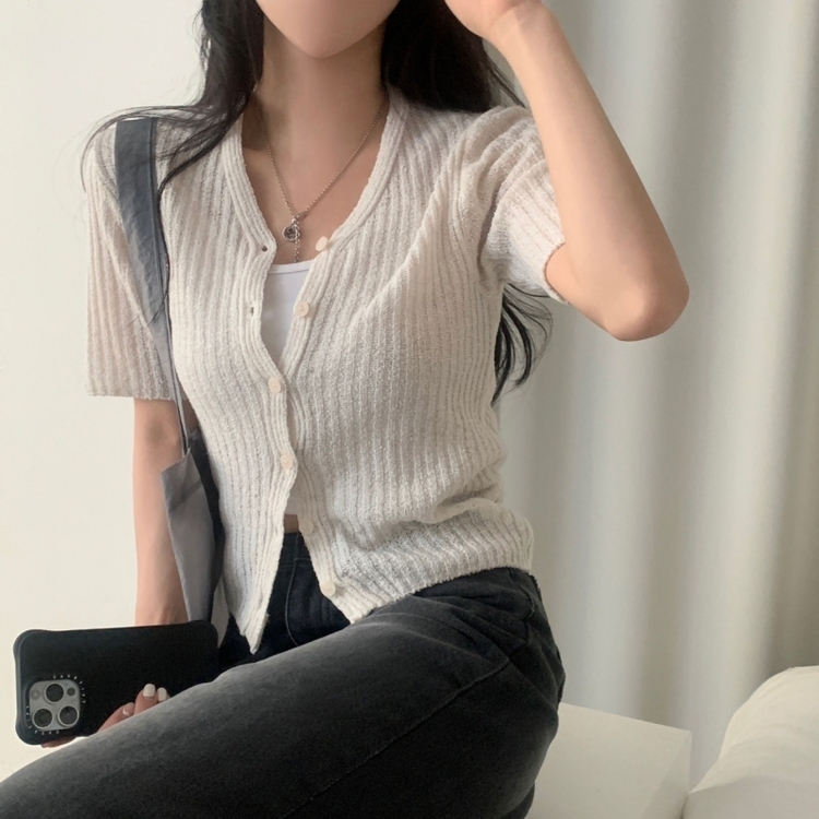 나잇 부클 린넨 세미크롭 반팔 니트가디건 9color 아이보리