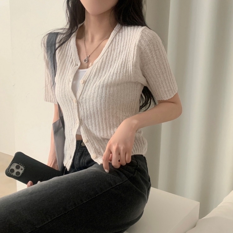 나잇 부클 린넨 세미크롭 반팔 니트가디건 9color 아이보리