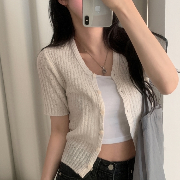 나잇 부클 린넨 세미크롭 반팔 니트가디건 9color 아이보리