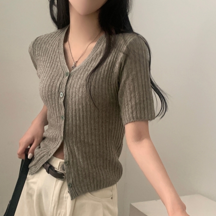 나잇 부클 린넨 세미크롭 반팔 니트가디건 9color 카키