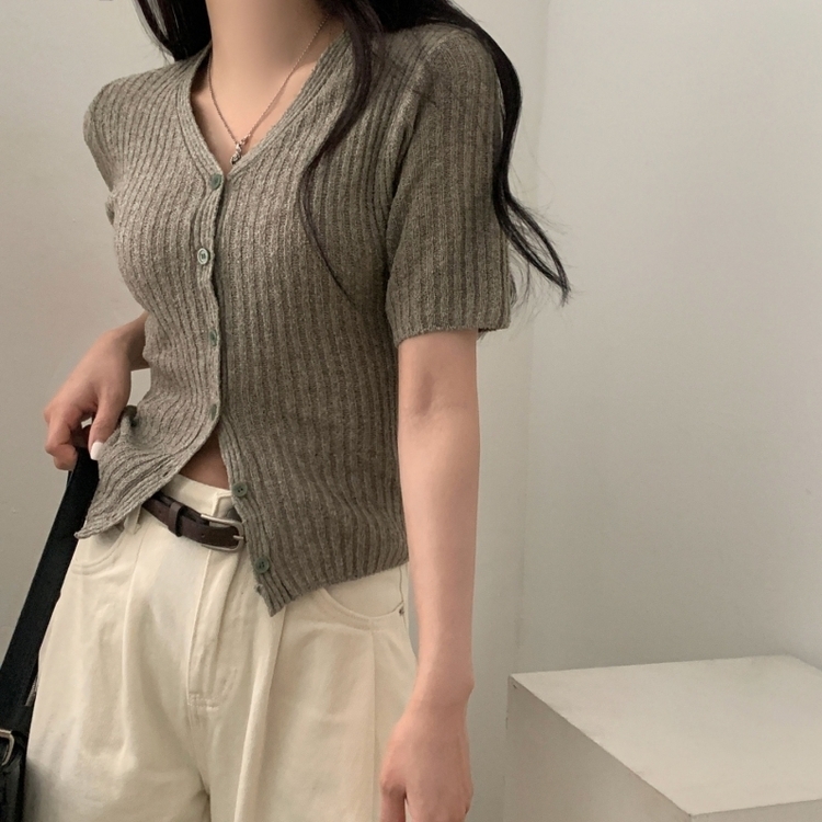 나잇 부클 린넨 세미크롭 반팔 니트가디건 9color 카키