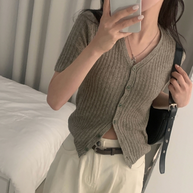 나잇 부클 린넨 세미크롭 반팔 니트가디건 9color 카키