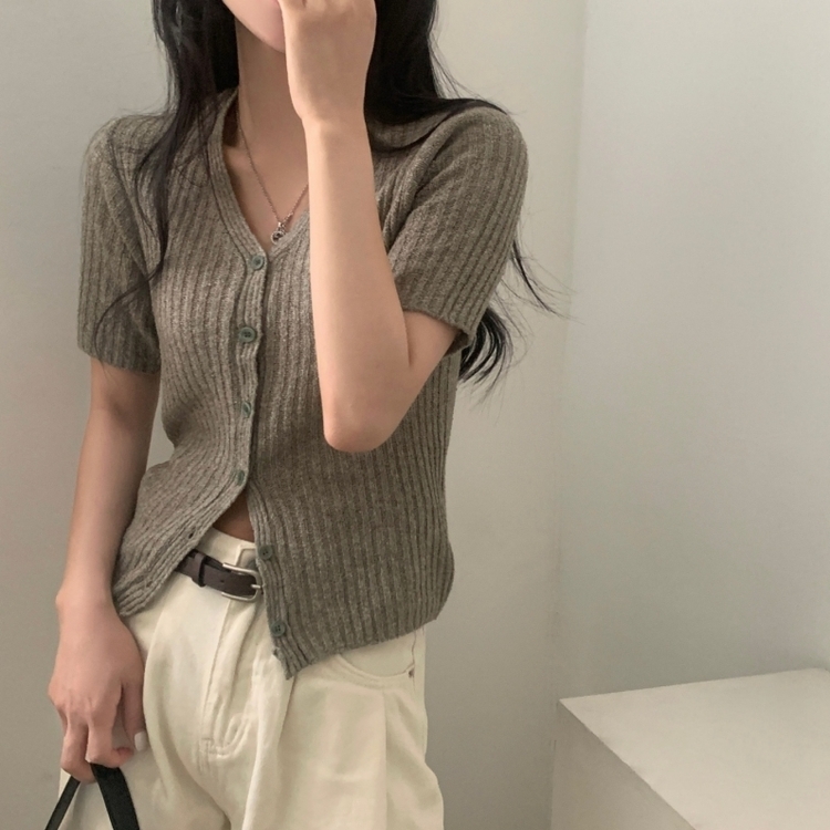 나잇 부클 린넨 세미크롭 반팔 니트가디건 9color 카키