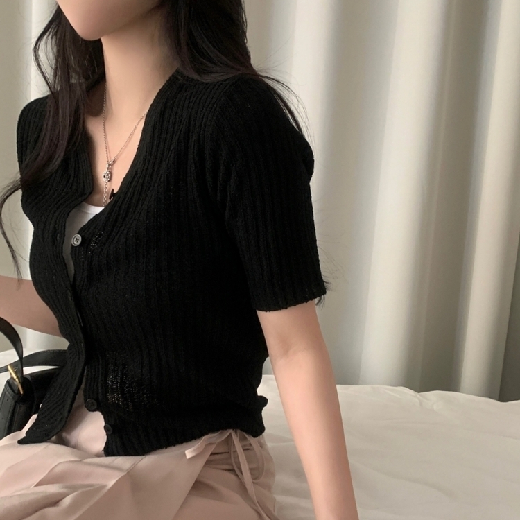 나잇 부클 린넨 세미크롭 반팔 니트가디건 9color 블랙