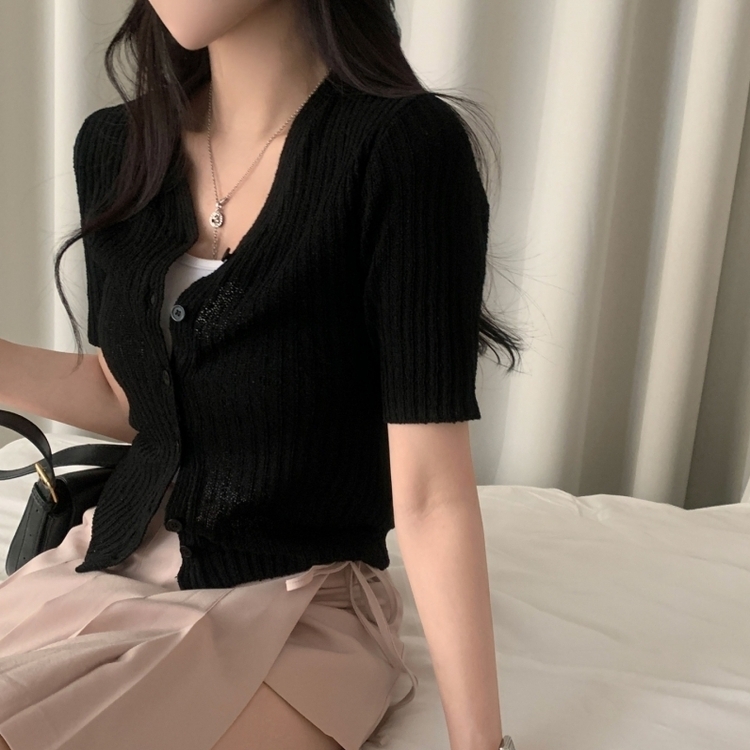 나잇 부클 린넨 세미크롭 반팔 니트가디건 9color 블랙