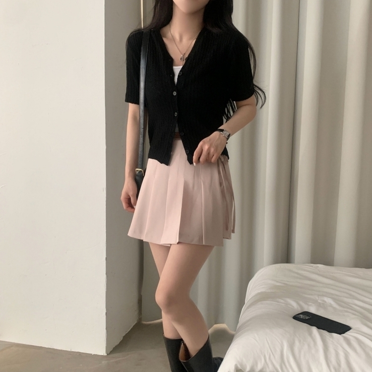 나잇 부클 린넨 세미크롭 반팔 니트가디건 9color 블랙